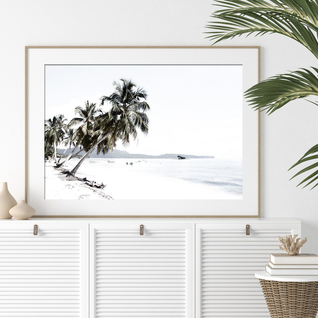 Landscape art prints -Coconut tree leaves and the beach(white series ...